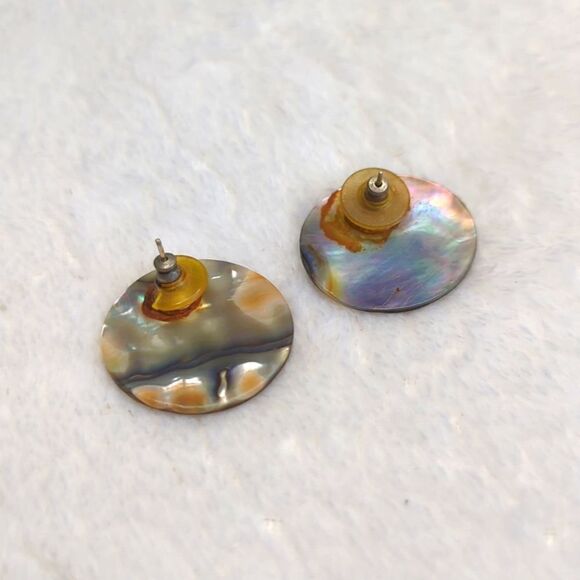 Vintage 80's Round Button Abalone Pierced Earrigns - Picture 2 of 6